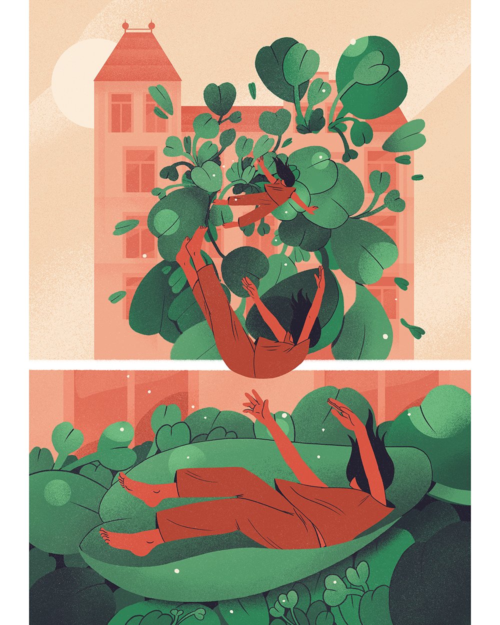comic book page about mother nature with flowers growing out of a building and a woman falling down on a leaf