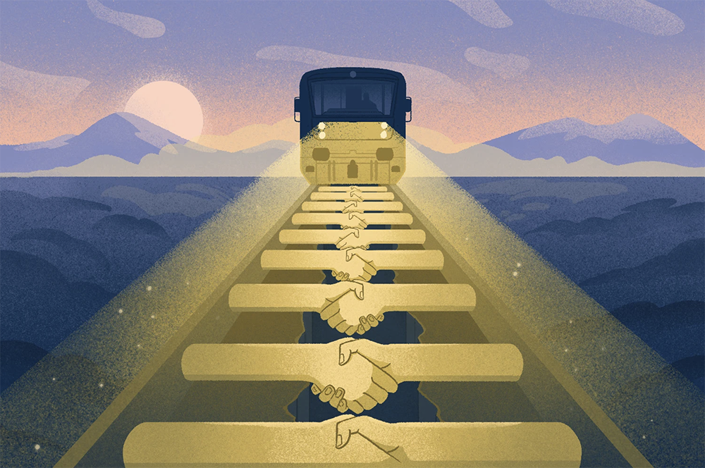 illustration of a train approaching but the train tracks are made of human arms