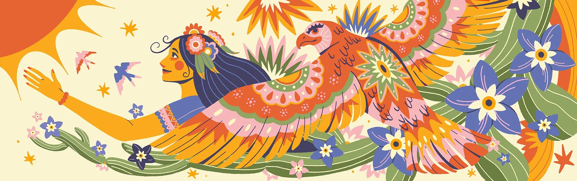 illustration of a mexican eagle with folklore patterns and a woman in a flower crown surrounded by cactus