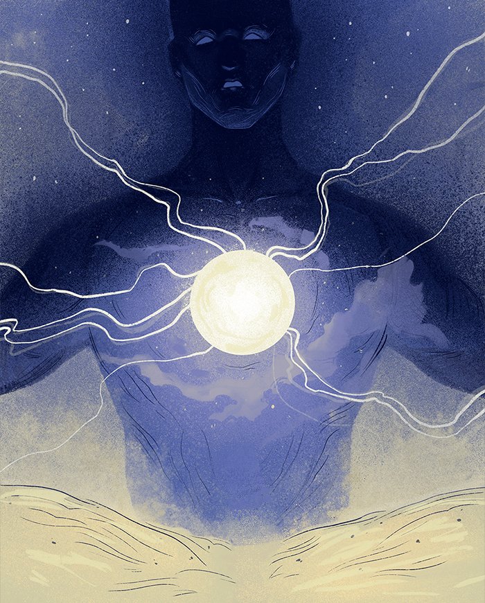illustration of a man in space with sun shining from his chest