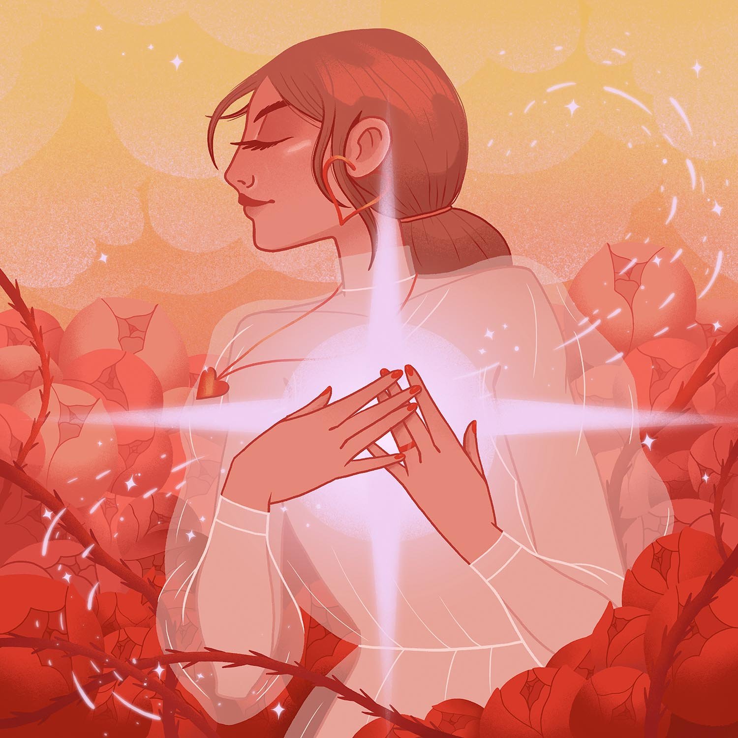 illustration of a woman surrounded by roses and thorns