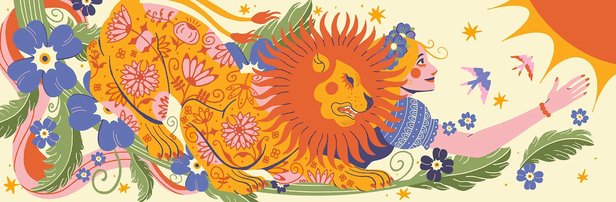 illustration of a lion with czech folklore patterns and a woman in a traditional dress surrounded by flowers
