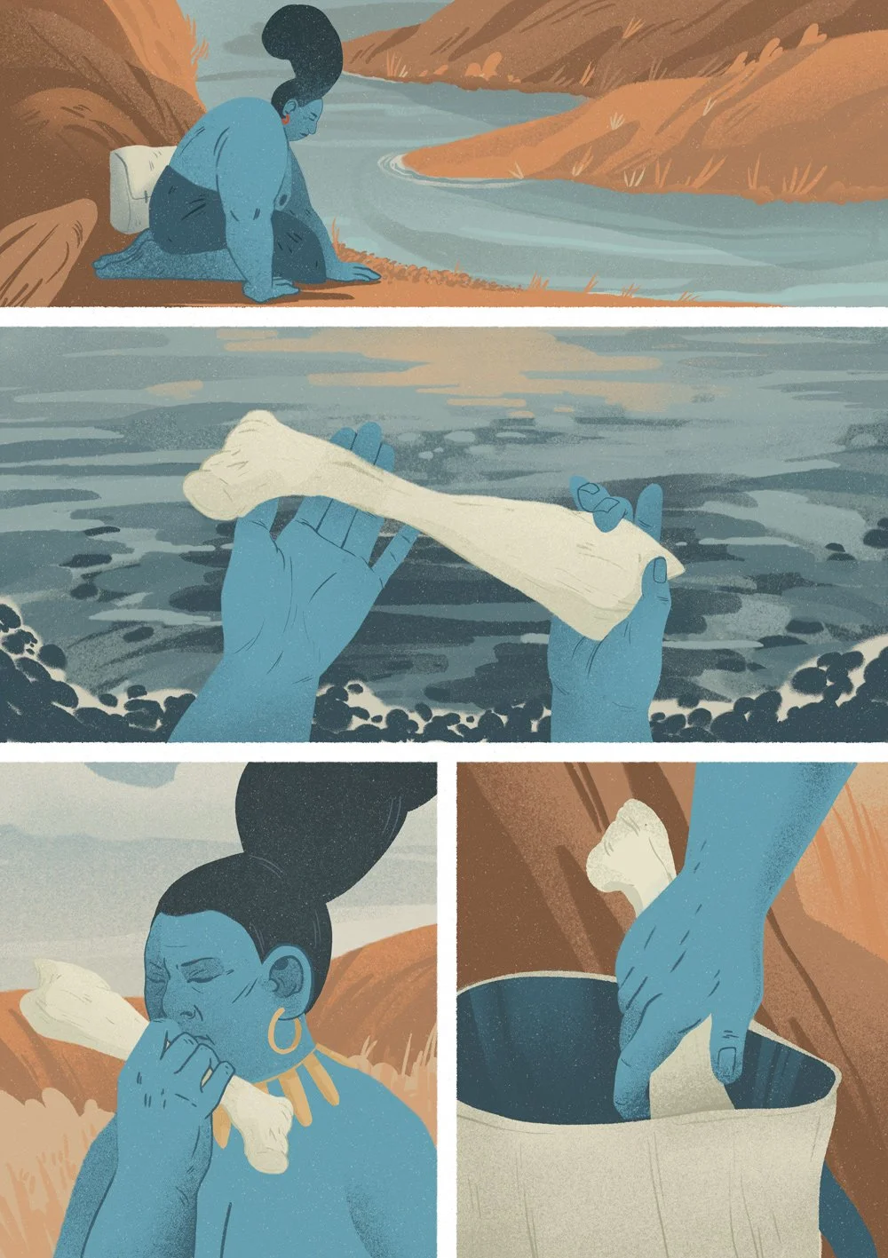 comic page of la loba featuring a woman looking for wolf bones in a river