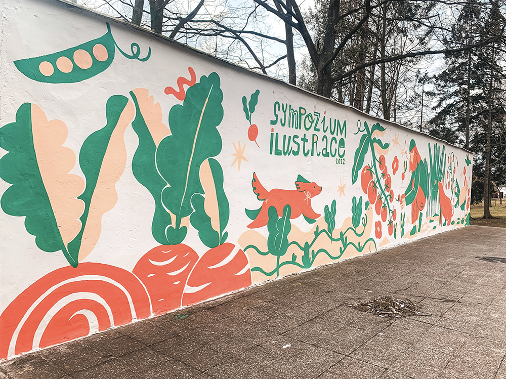 mural painting of carrots, dog, tomatoes