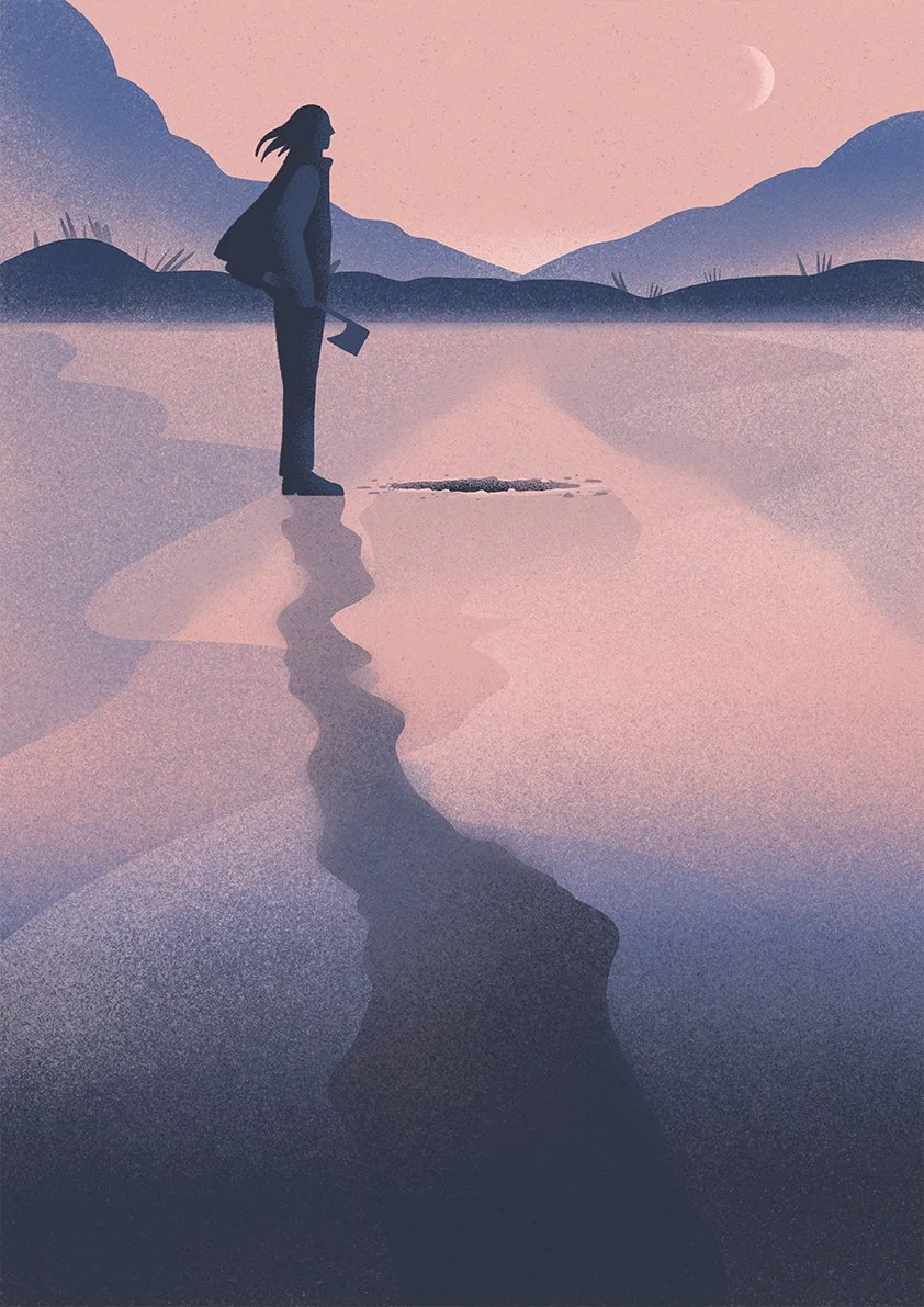 woman with an axe standing in front of a hole in frozen lake