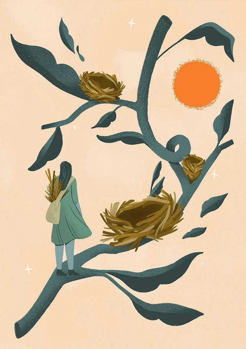 woman standing on a branch with nests laying on it