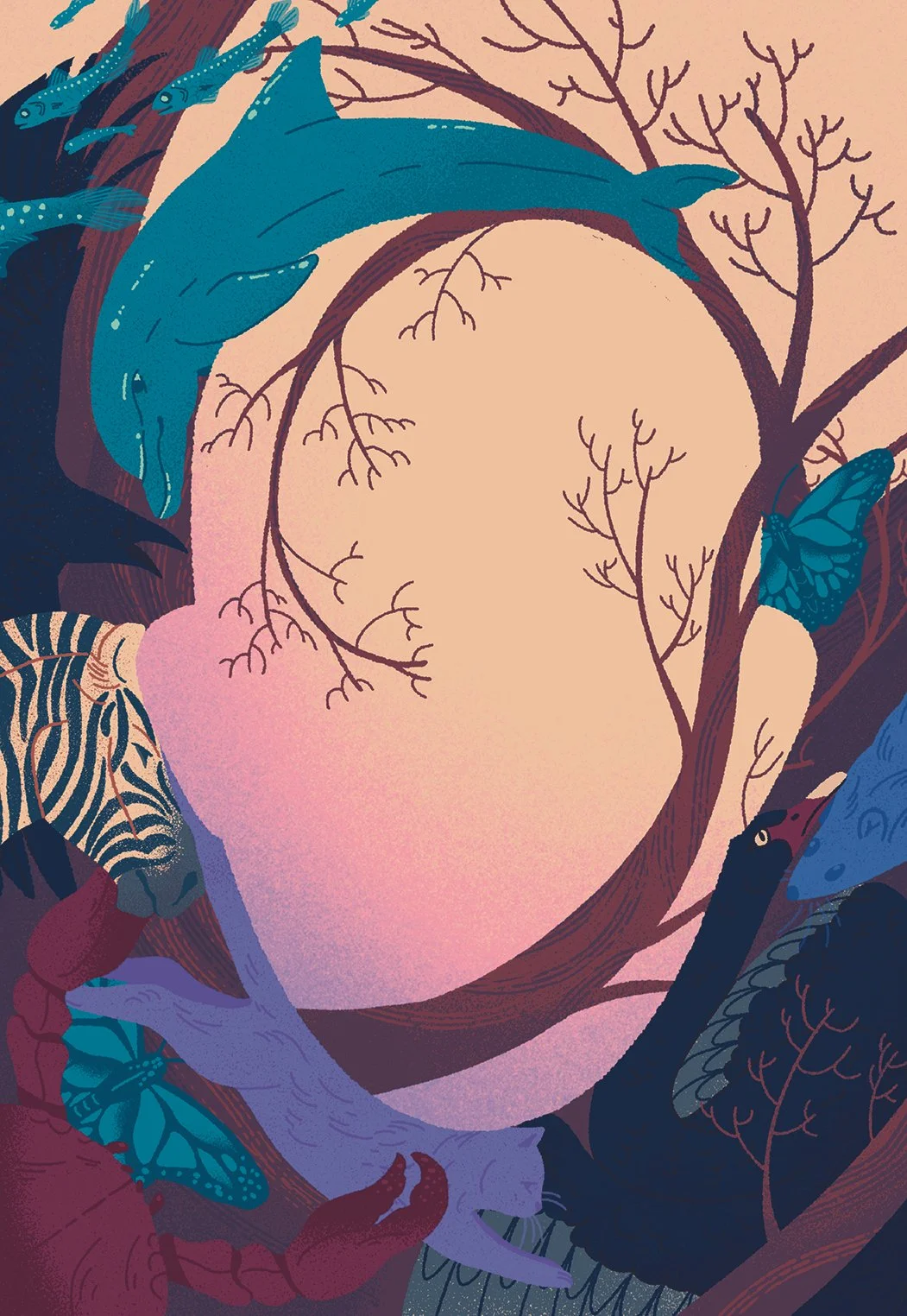 illustration of a silhouette of a face made out of animals and branches