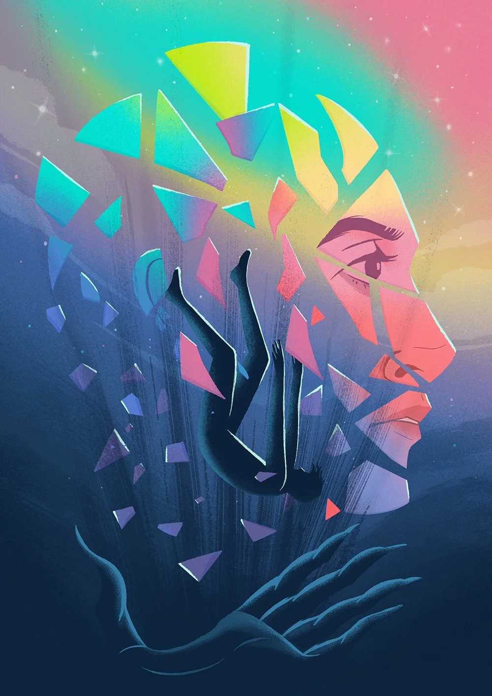 fragmented portrait with a figure falling down, colorful sky in the background