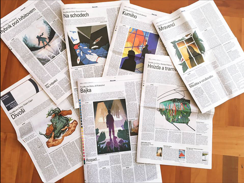 newspapers with illustrations laid out on the table