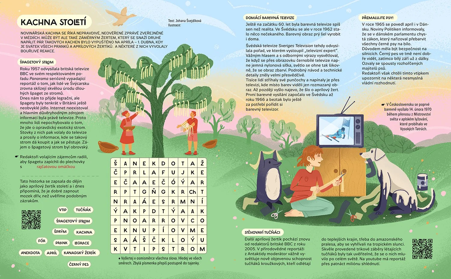 illustrated magazine page with nature and a girl in front of a tv with animals