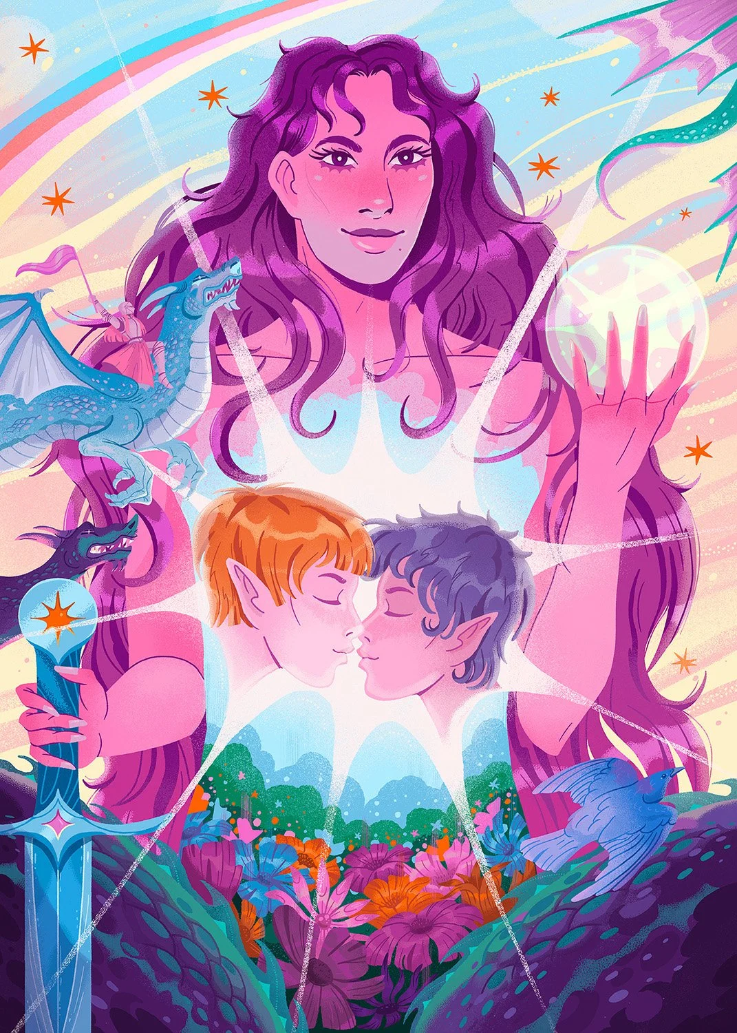 illustration of a person holding a sword and a crystal ball, couple kissing and dragons and a rainbow, colorful