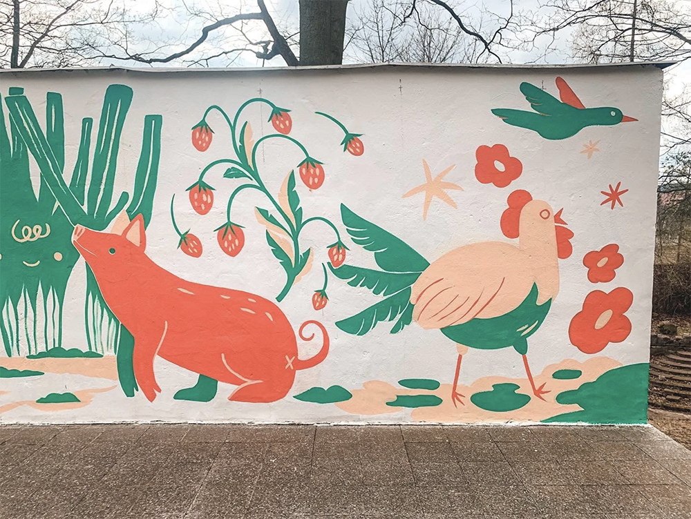 mural painting of a pig, strawberries and a chicken