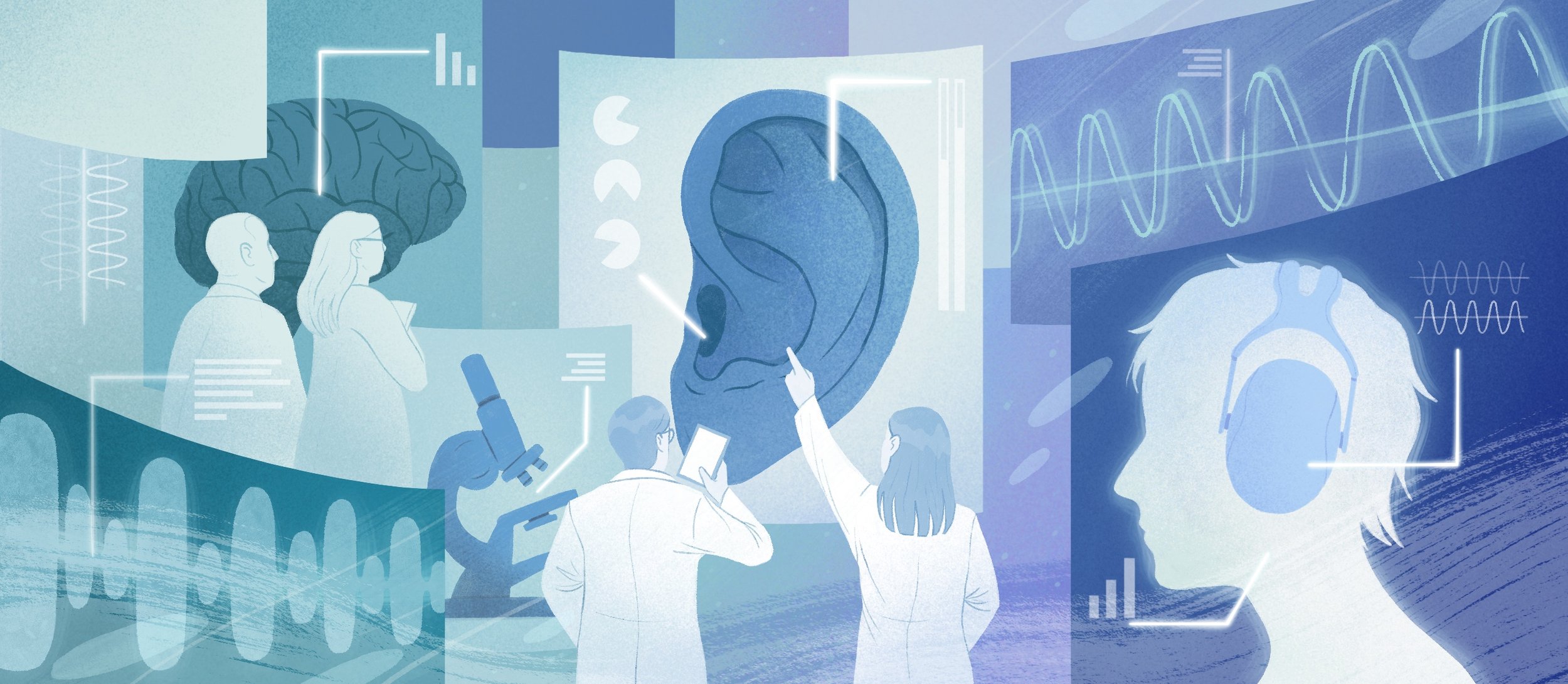 Illustration of researchers studying hyperacusis, a hearing condition
