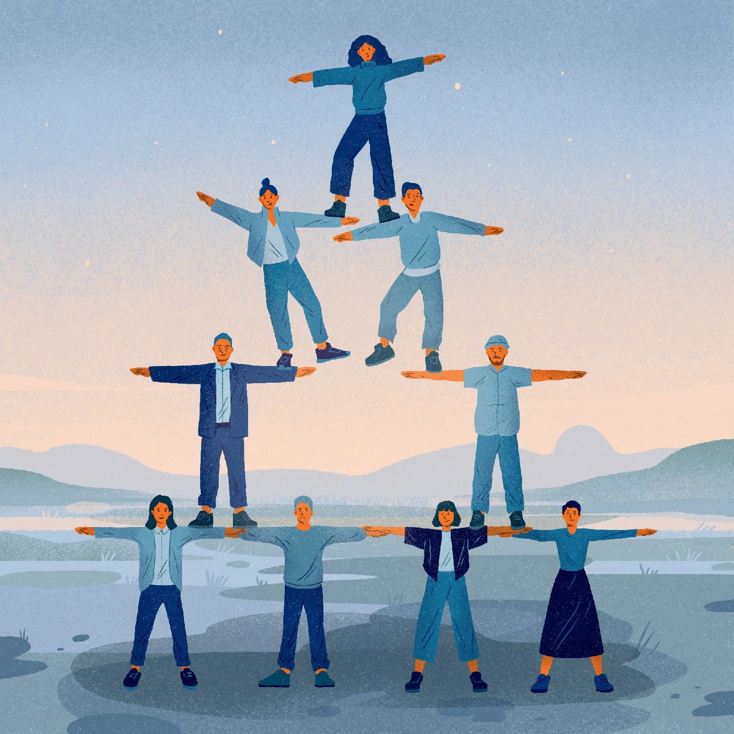 illustration of a human pyramid missing people in the middle