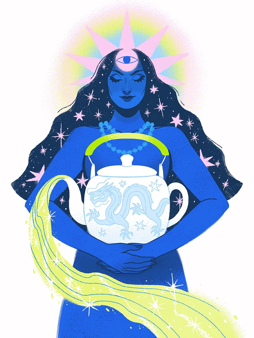 illustration of a woman holding a teapot surrounded by stars