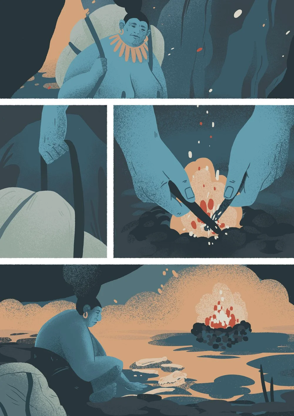 comic page of la loba featuring a woman starting a fire in a cave