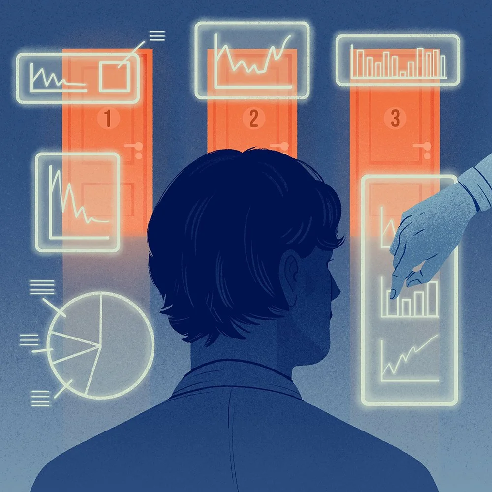 illustration of a man deciding between 3 doors, each representing different investments