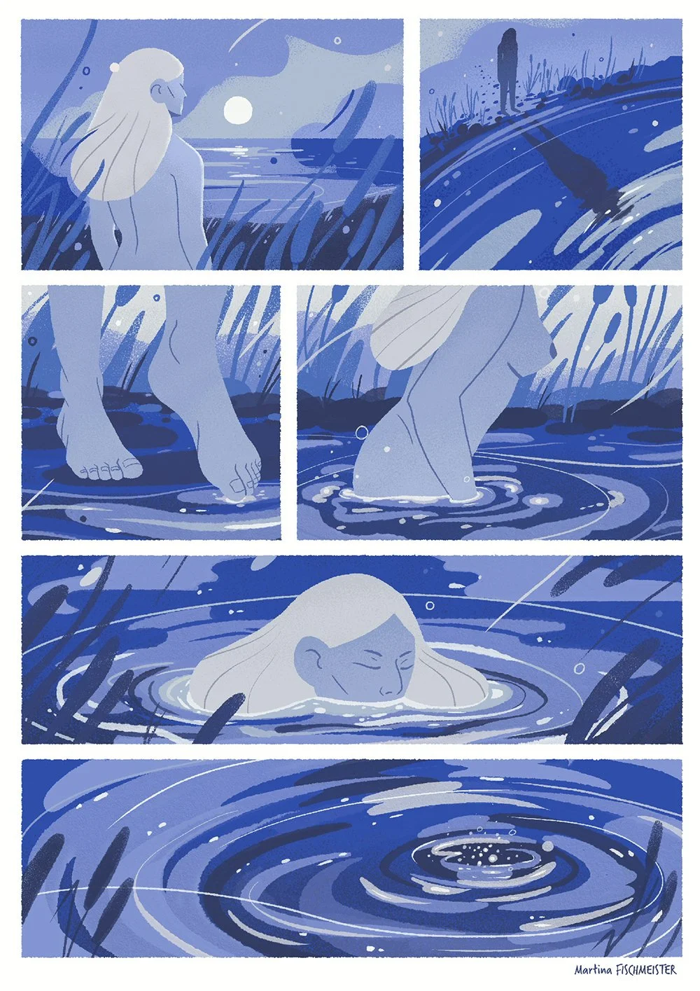comic page of a woman entering a pond