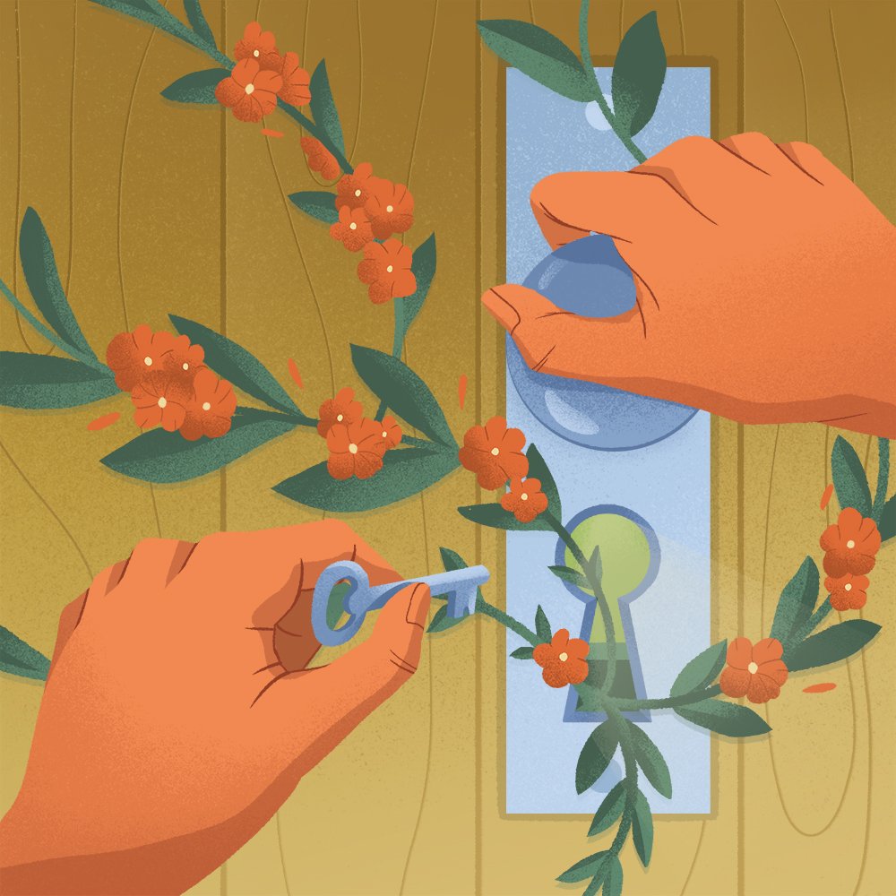 illustration of a locked door being opened, flowers are blooming from the keyhole