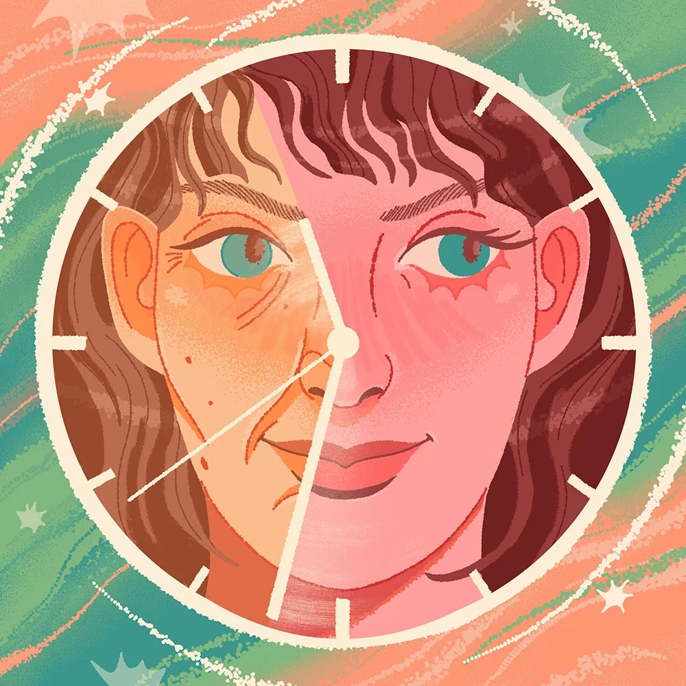 illustration of an aging face inside a clock