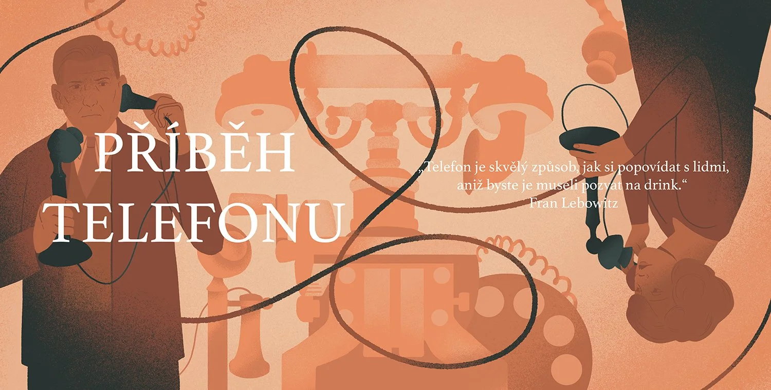 illustration of two people using an old telephone