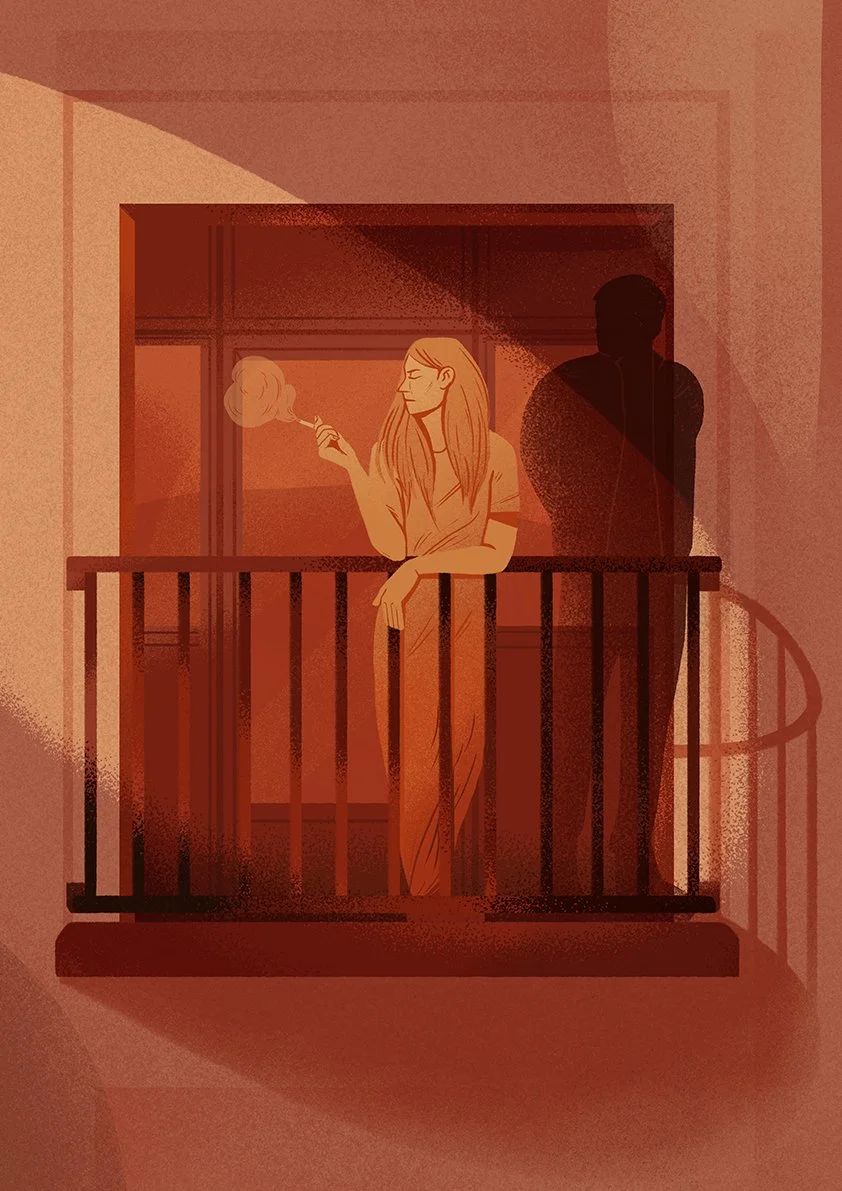 woman smoking on a balcony with a shadowy figure behind her