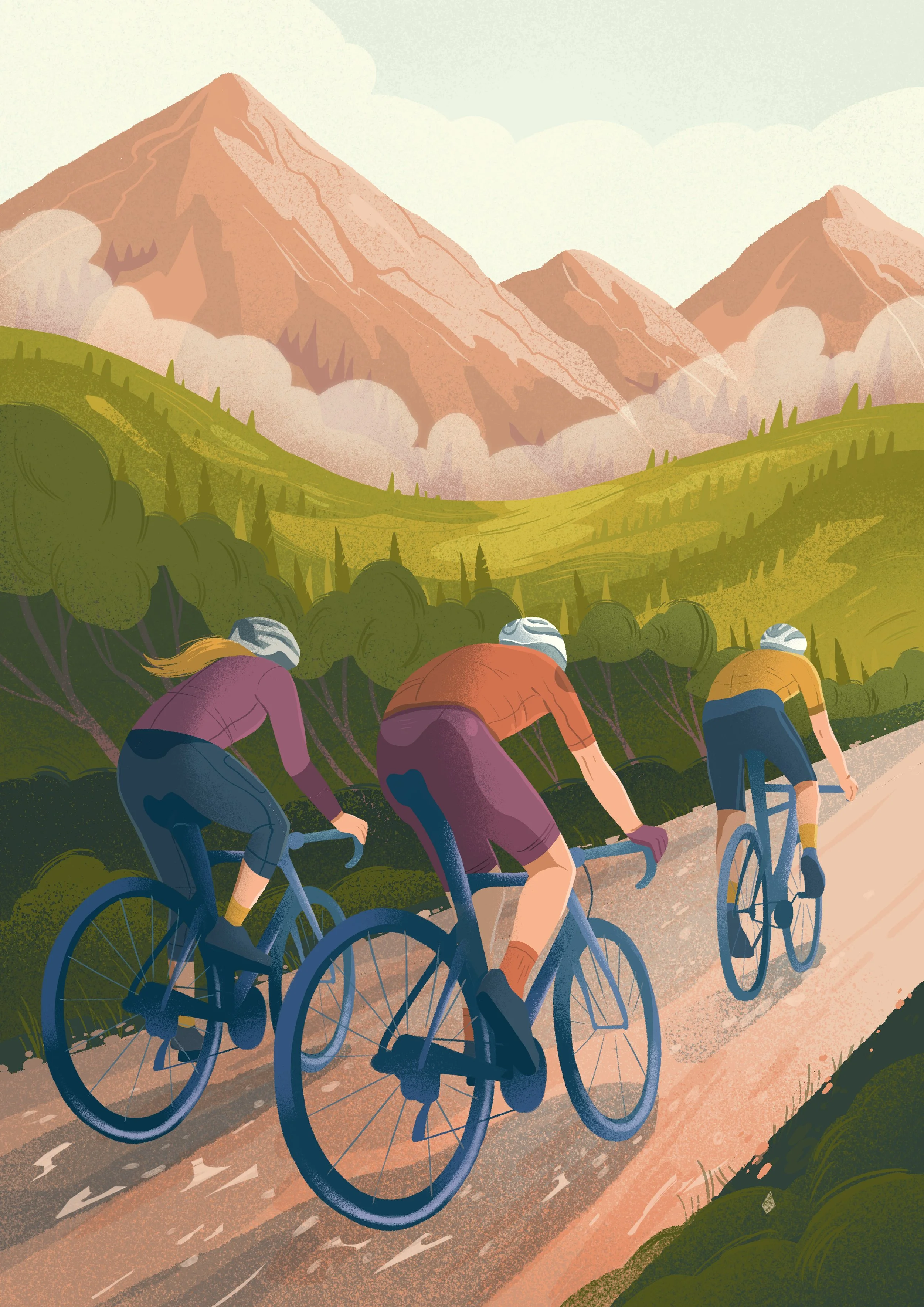 illustration of cyclists riding in nature with a view of a mountain