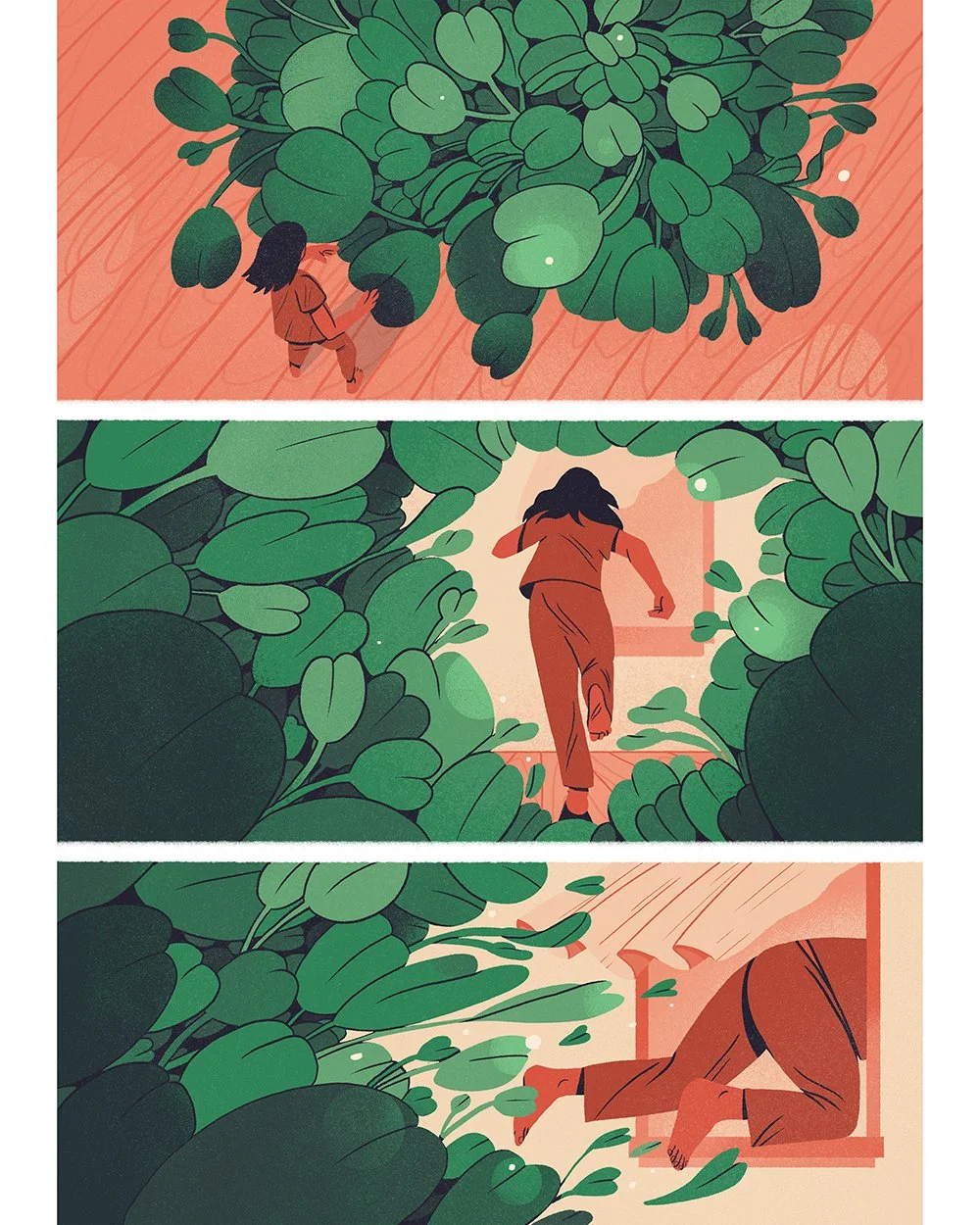 comic book page about mother nature, flowers growing and a woman escaping from them