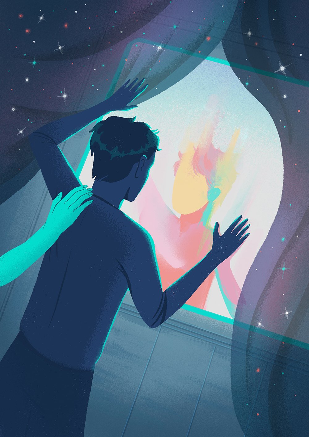 illustration of a man looking out the window with cosmic elements