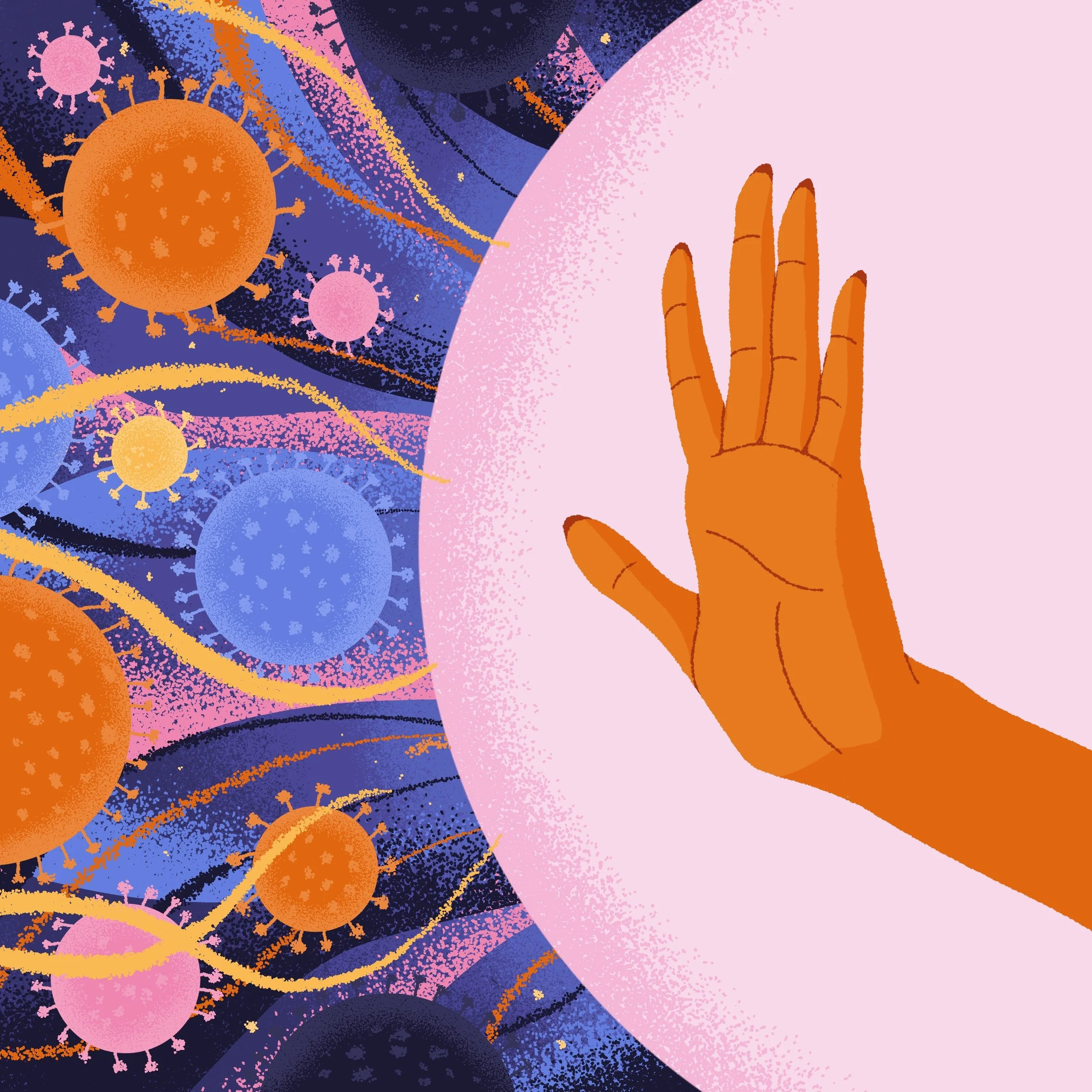 illustration of an immune system, hand extending against germs