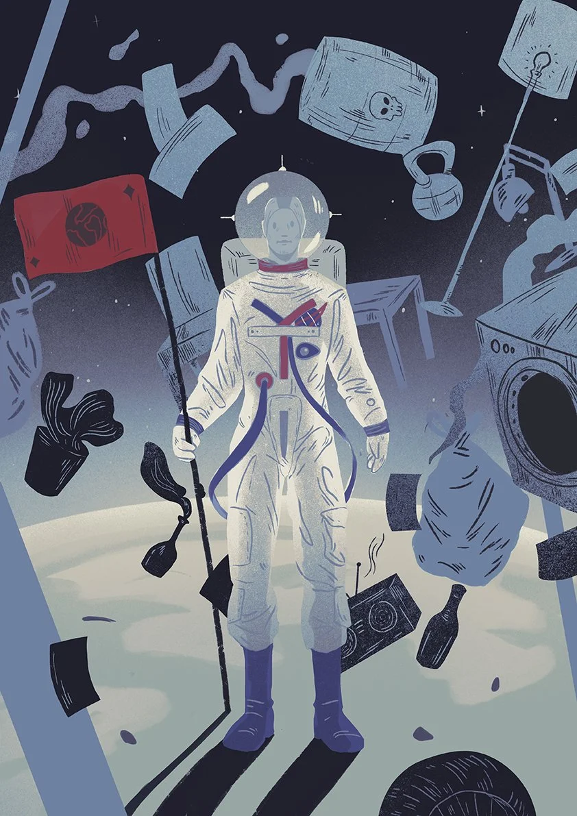 illustration of an astronaut on the moon, planting a flag, surrounded by garbage