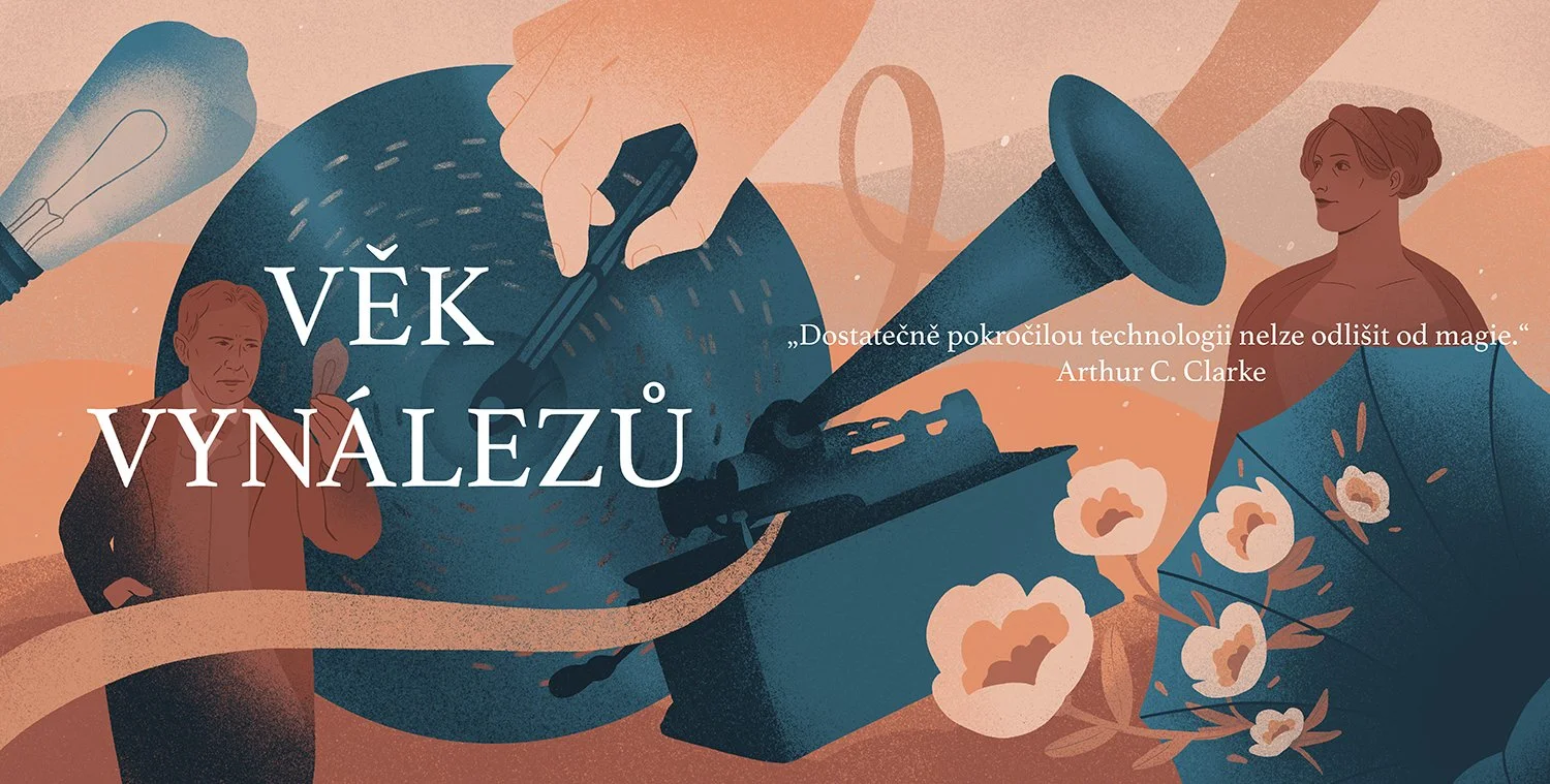 illustration of edison and ada lovelace, gramophone and flowers