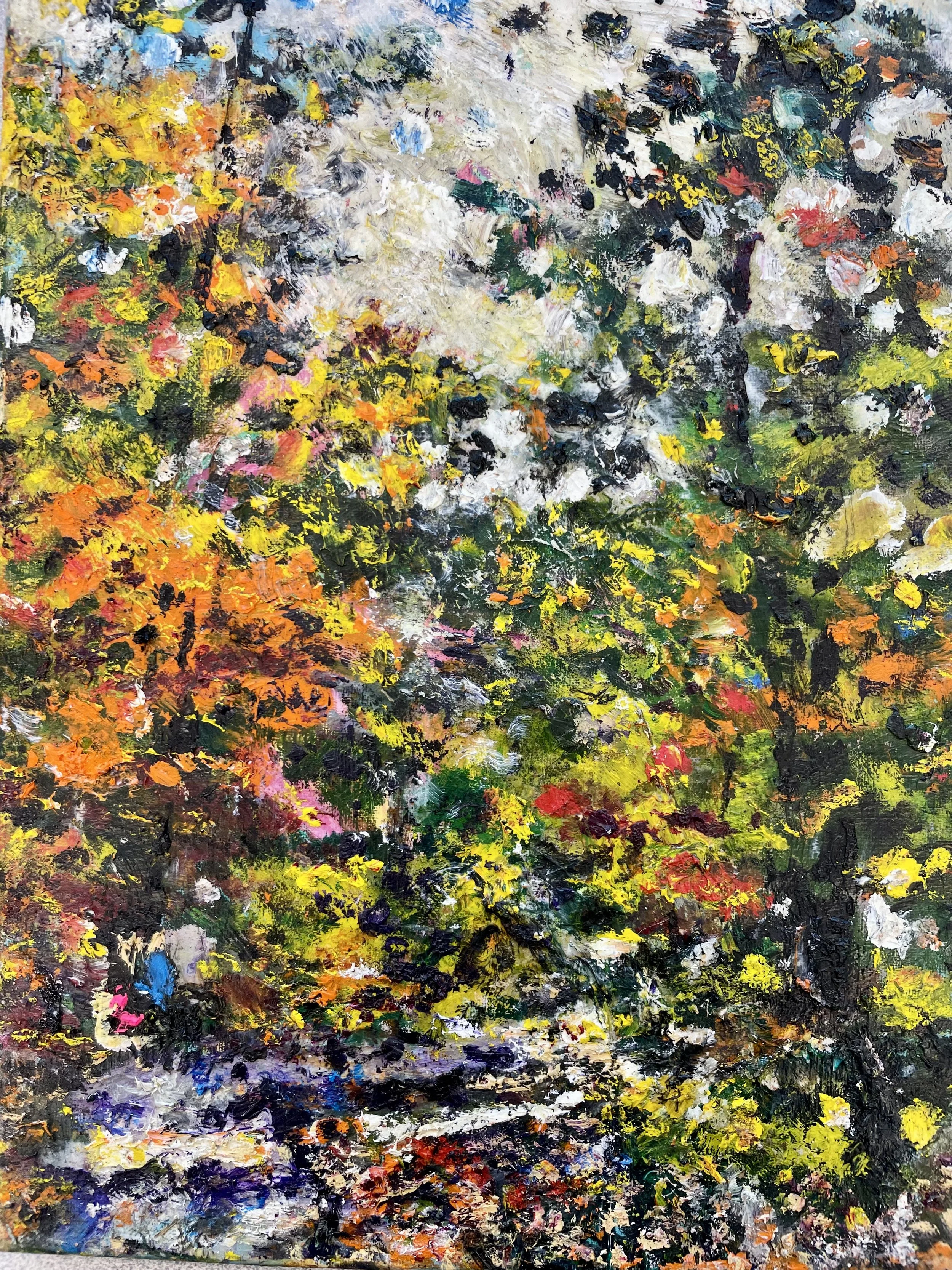 An abstract painting with vibrant colors including blues, yellows, oranges, whites, blacks, and hints of pink and purple, created with thick, textured brushstrokes.