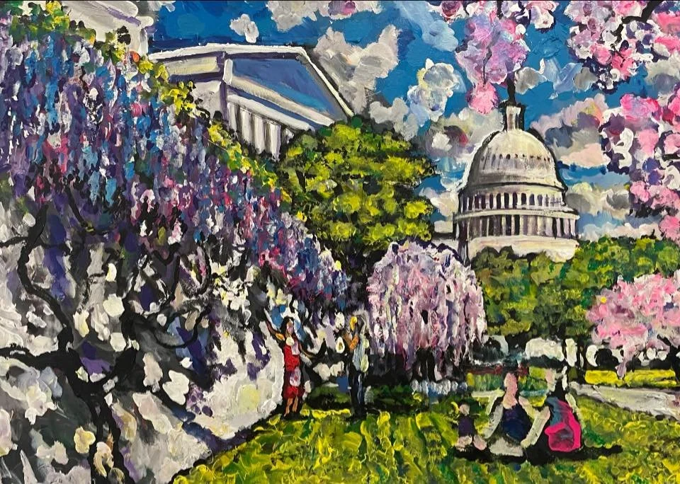 An impressionist painting of the U.S. Capitol dome in the background surrounded by flowering trees with pink and white blossoms, and people enjoying a park scene in the foreground.