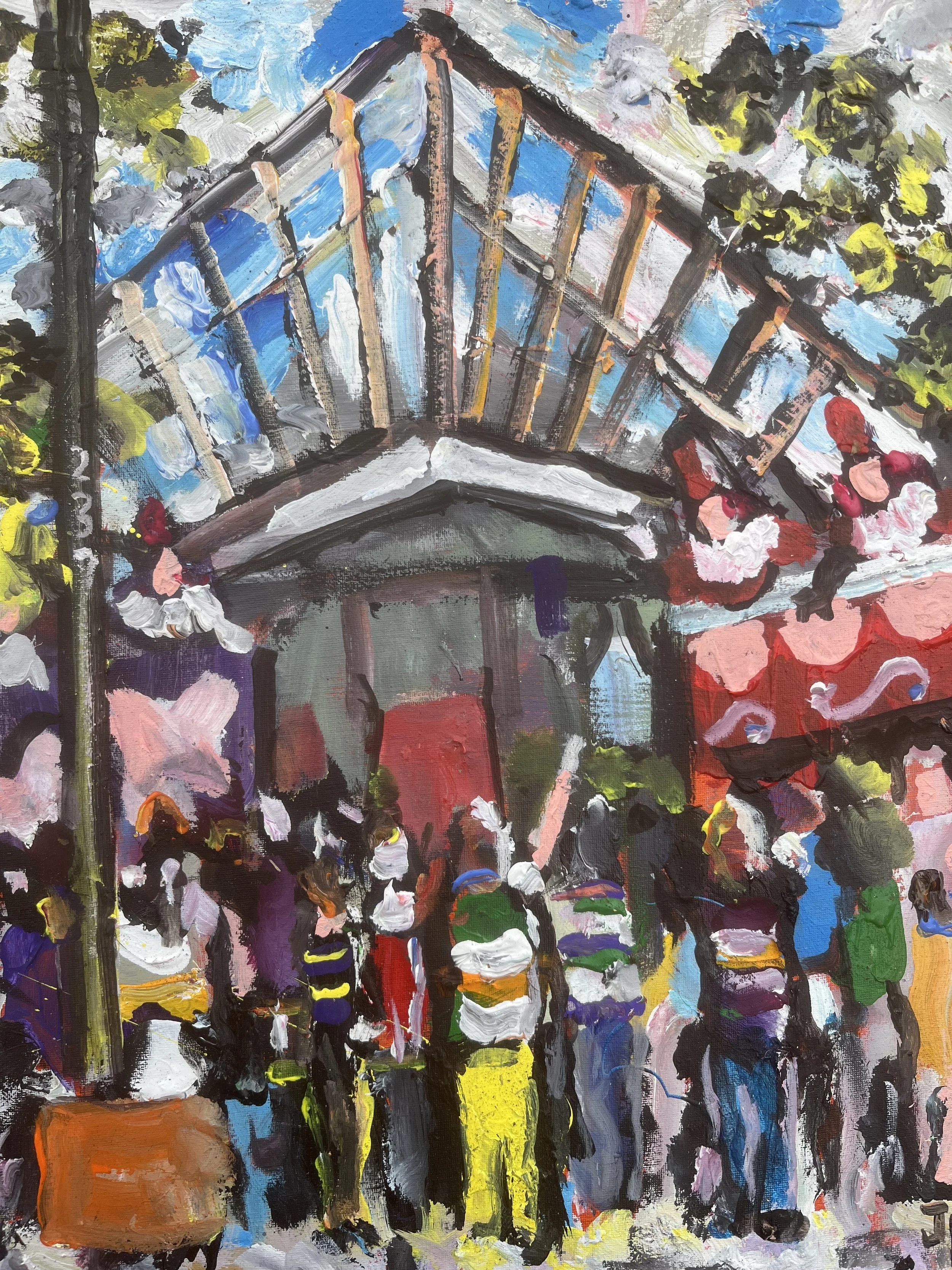 An impressionistic painting of a house with a blue roof, a porch, and trees, created with thick, colorful brushstrokes.