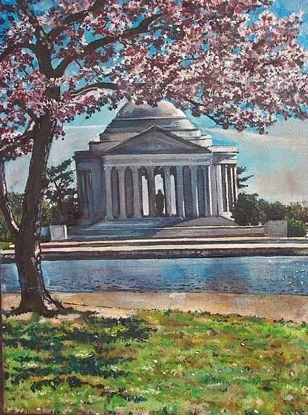 Painting of the Lincoln Memorial with a cherry blossom tree in the foreground and a pond reflecting the memorial.