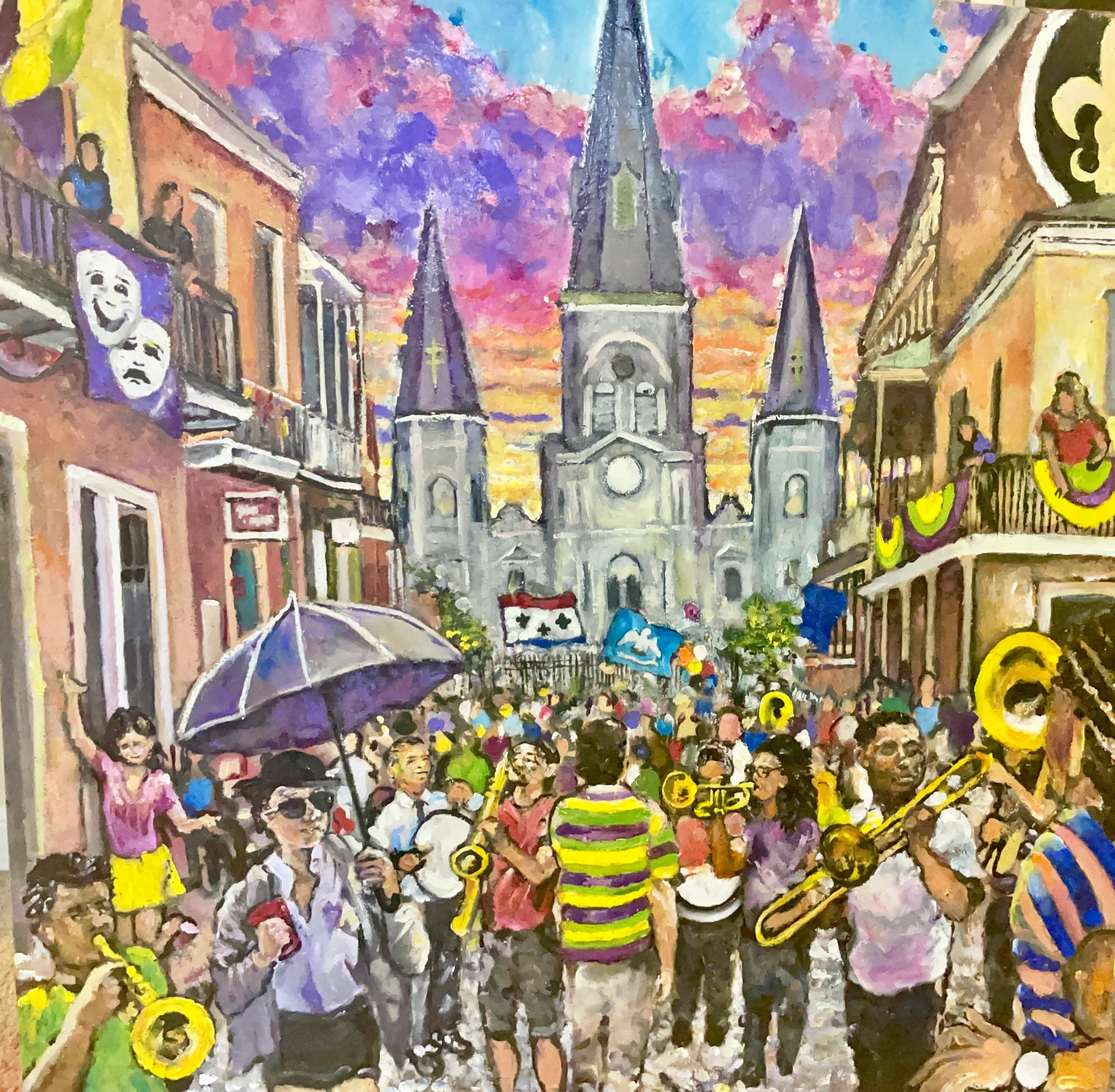 A colorful painting of a busy street scene with a cathedral in the background under a vibrant, multicolored sky. The street is filled with people, shops, and bright decorations, with banners and umbrellas visible in the foreground.