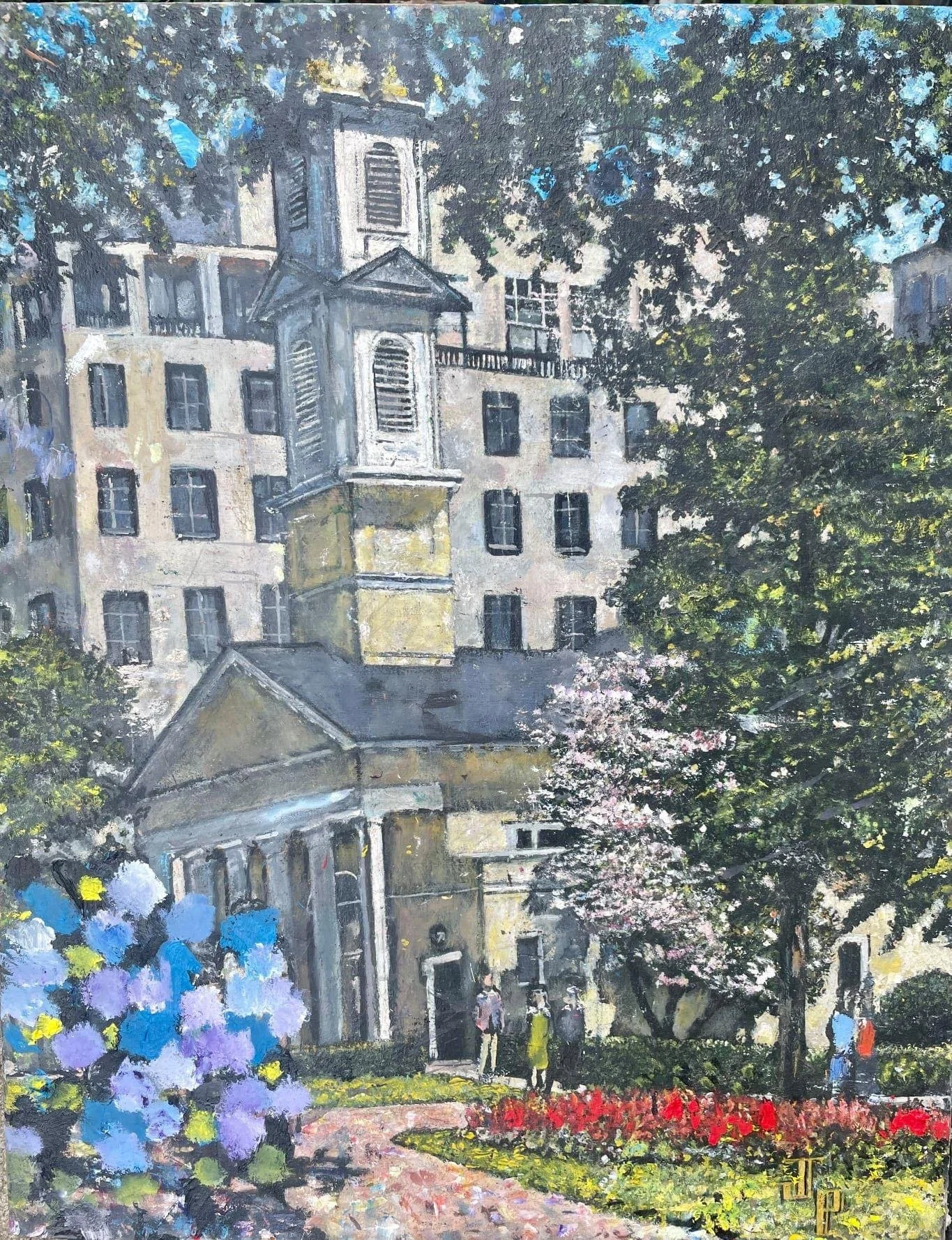 Painting of a residential building with trees and gardens in front.