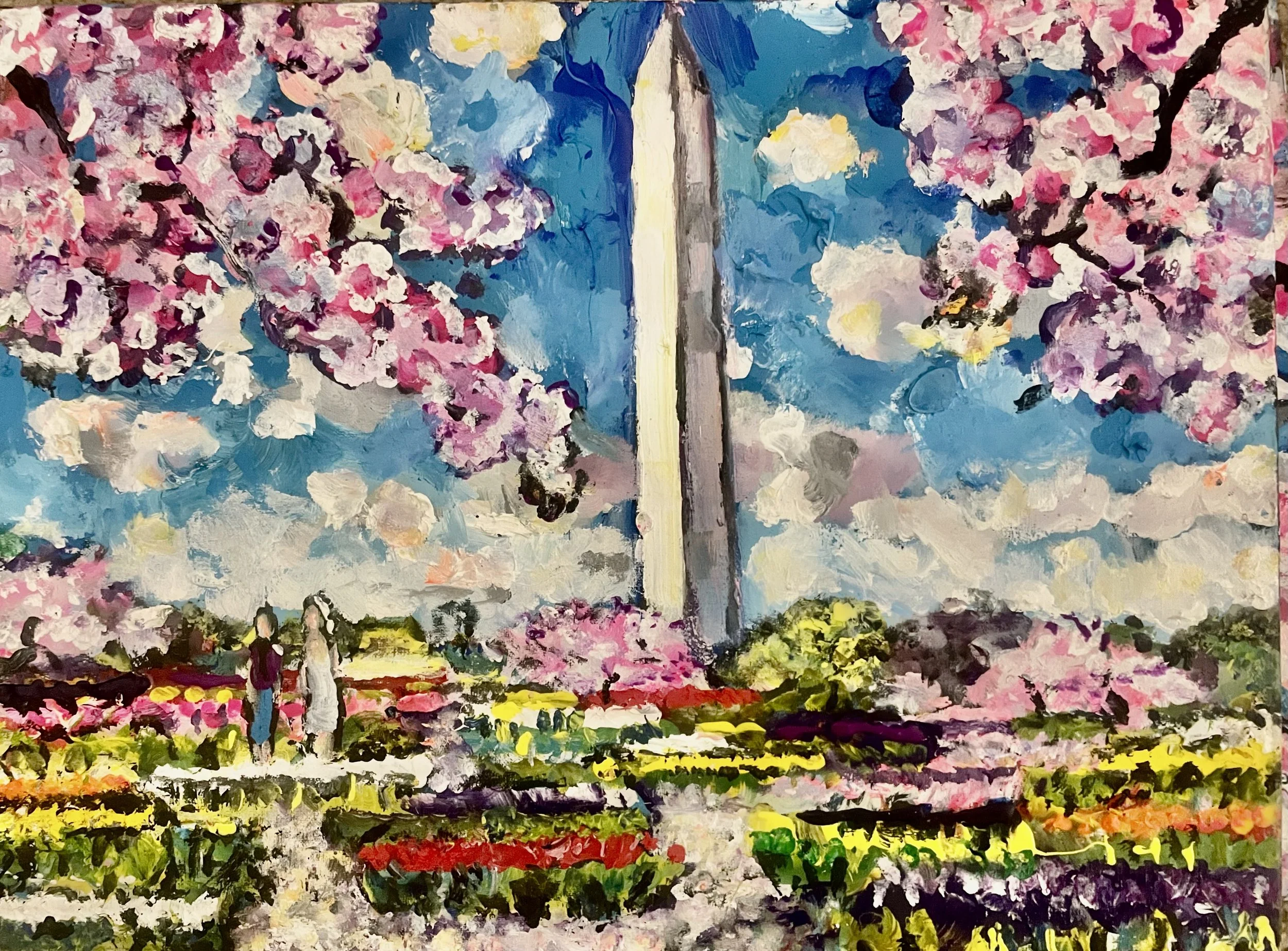 An abstract painting of a landscape with colorful flowers at the bottom, a field, and a blue sky with clouds, framed by pink flowering trees.