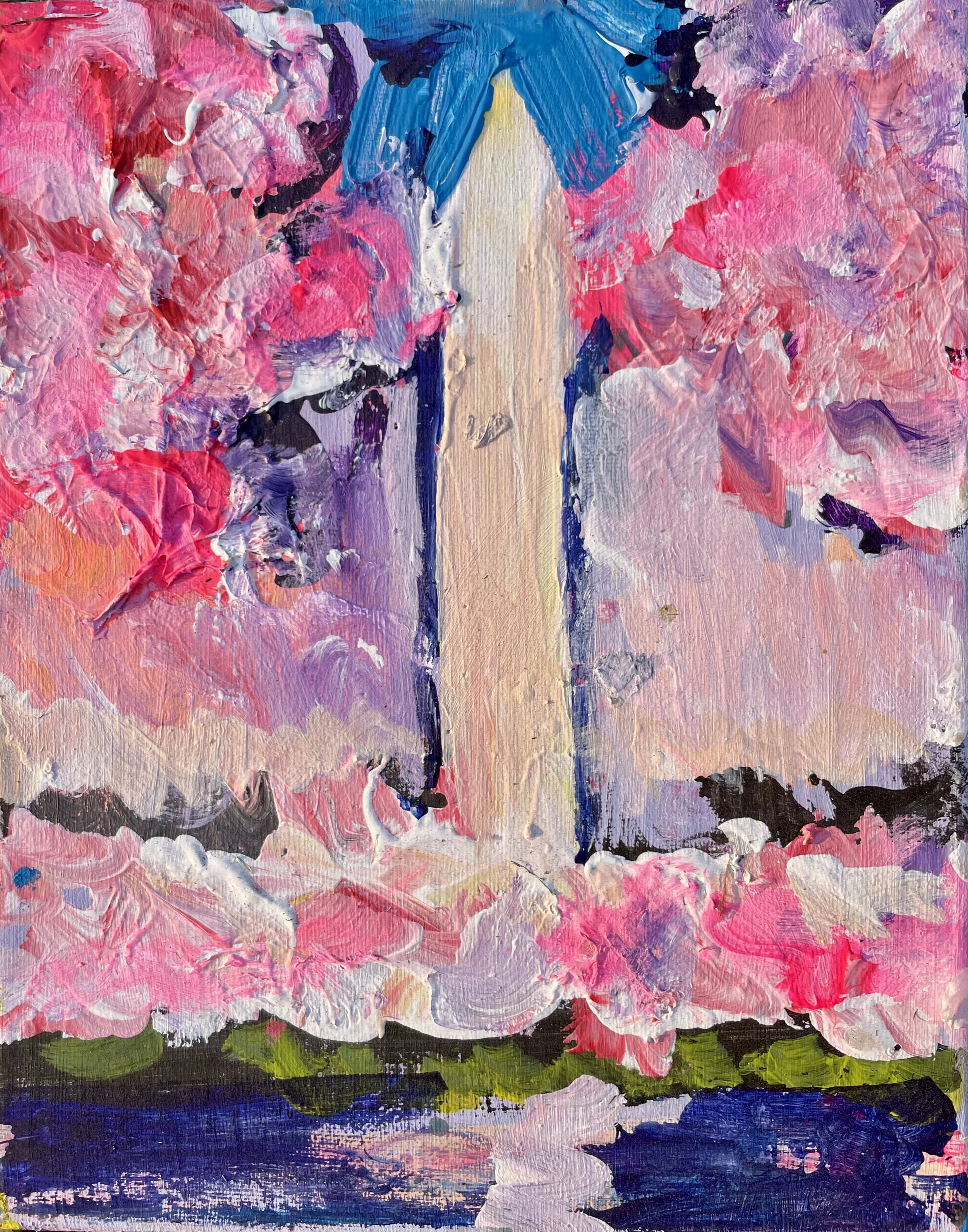 Abstract landscape painting featuring a mountain with pink and purple flowering trees, a body of water reflecting the sky, and a dark green and blue foreground.