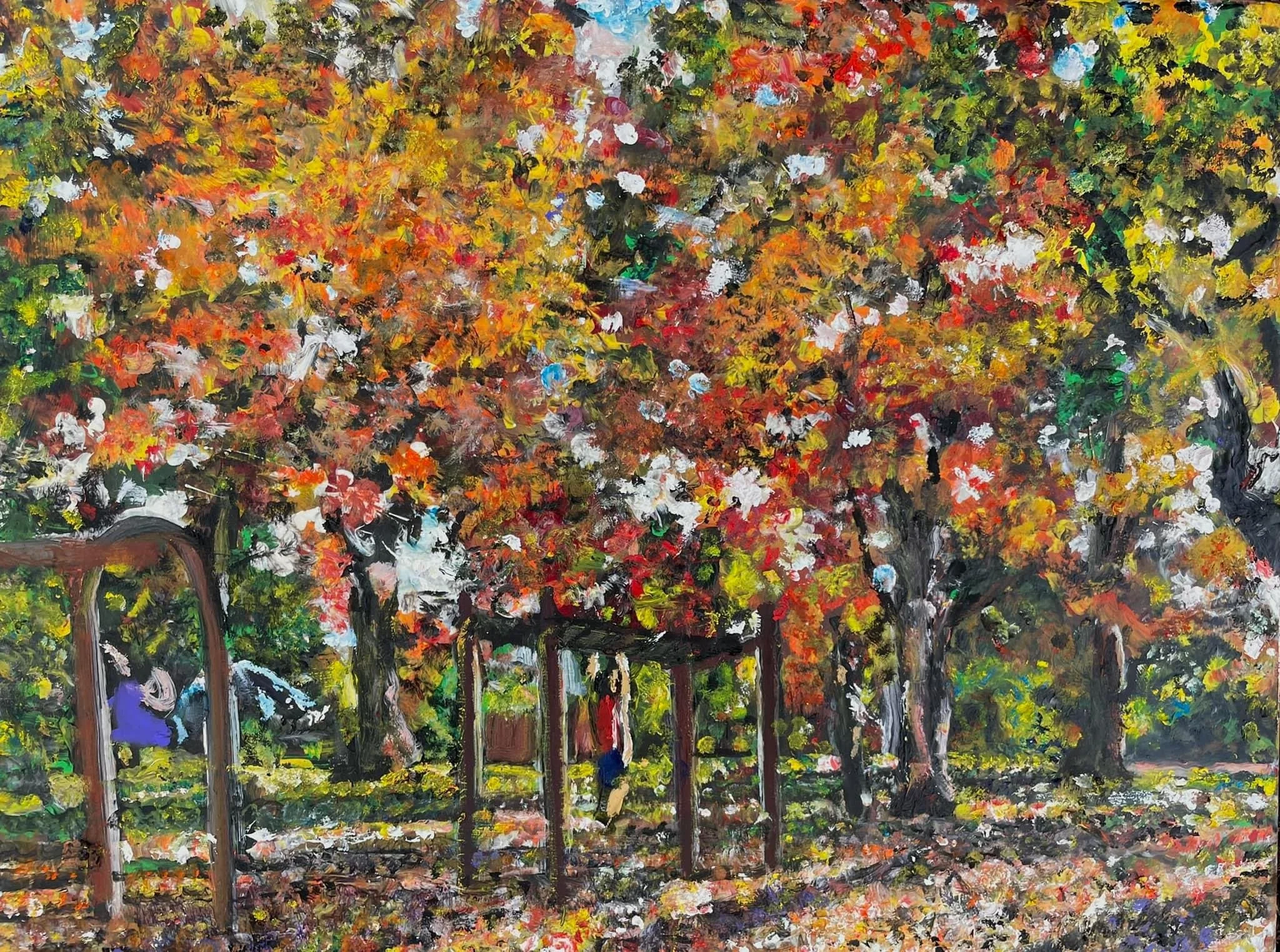 A colorful impressionist style painting of a park scene with trees in autumn colors, a fence, and a pathway.