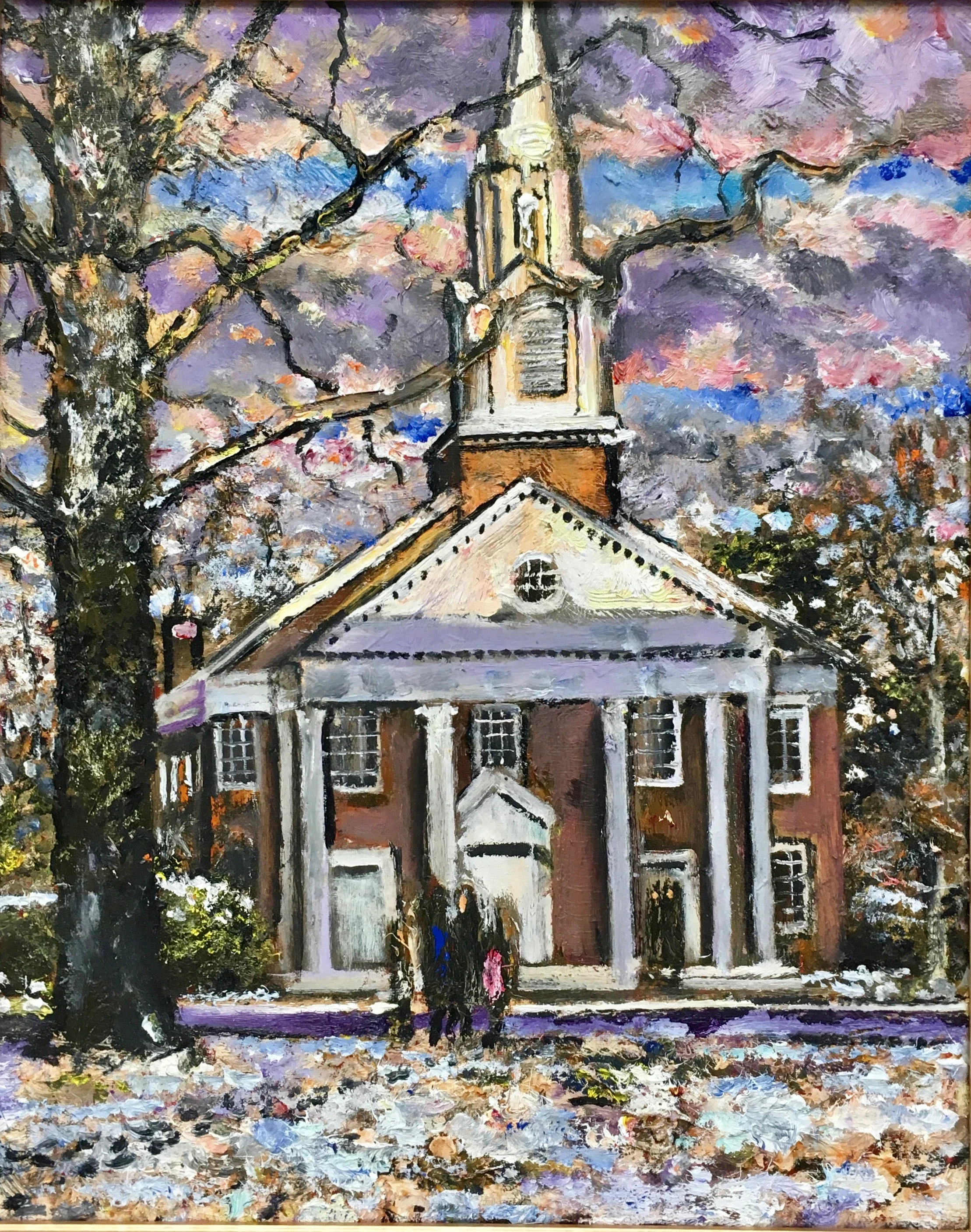 An impressionist painting of a church with a clock tower, surrounded by trees with pink and purple blossoms, and a ground covered with fallen leaves.