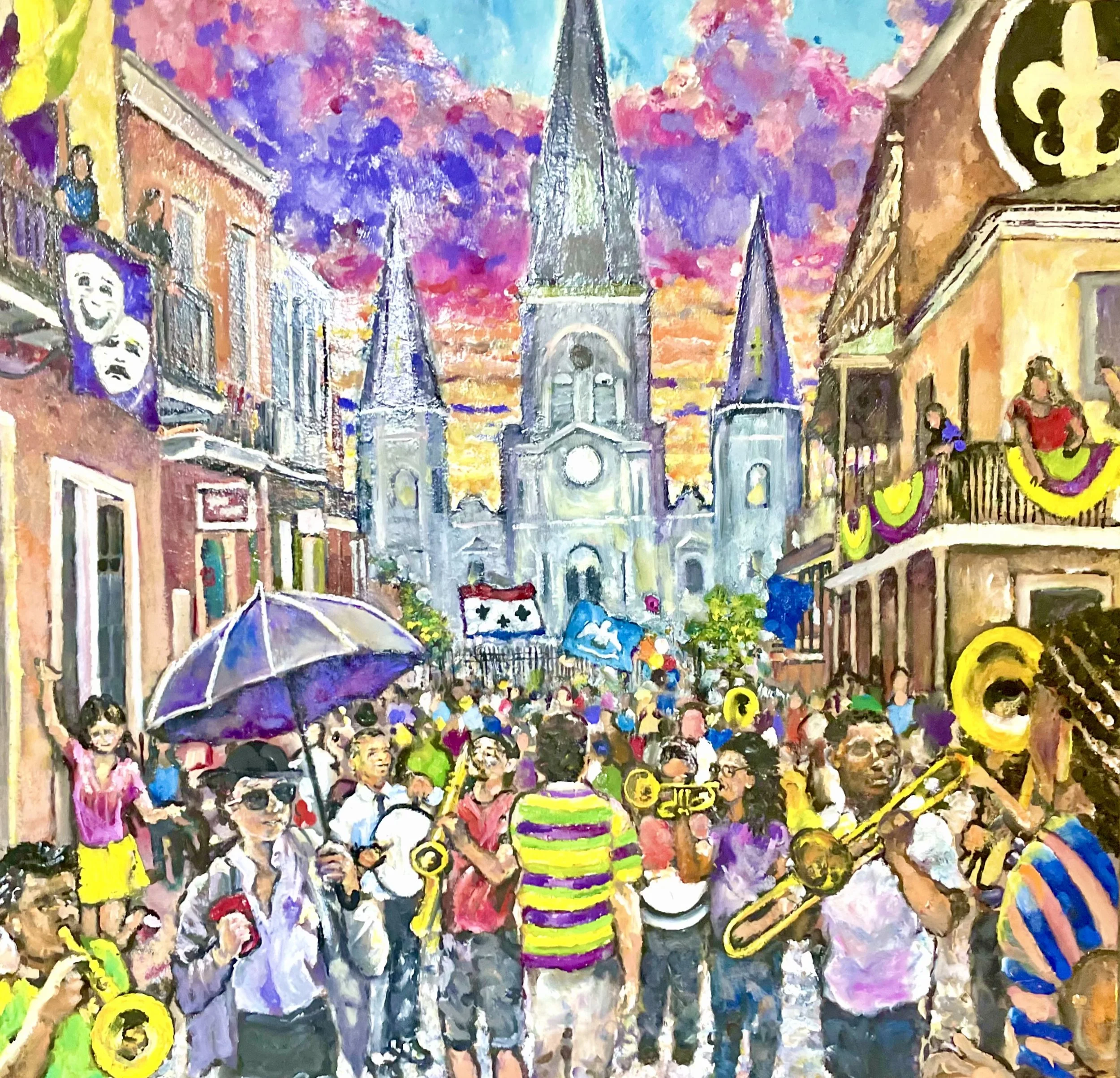 A vibrant street scene in a city with colorful buildings, decorated with banners, and crowded with people. There are street performers, umbrellas, and a large church or cathedral with a tall steeple in the background, during sunset or sunrise.