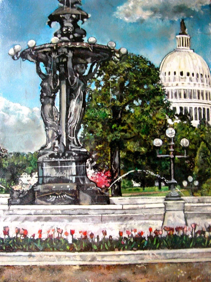 Painting of a city park scene with a fountain, trees, flowers, and the Capitol building in the background.