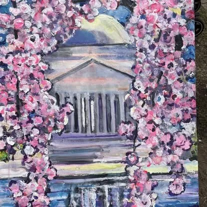 Painting of a classical building framed by pink and white blossoms, with a mountain in the background and water in the foreground.
