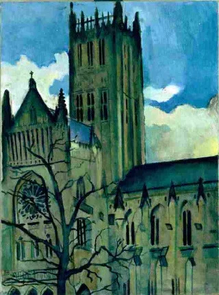 A painting of a historic Gothic-style cathedral with a tall clock tower, leafless trees, and a partly cloudy sky.