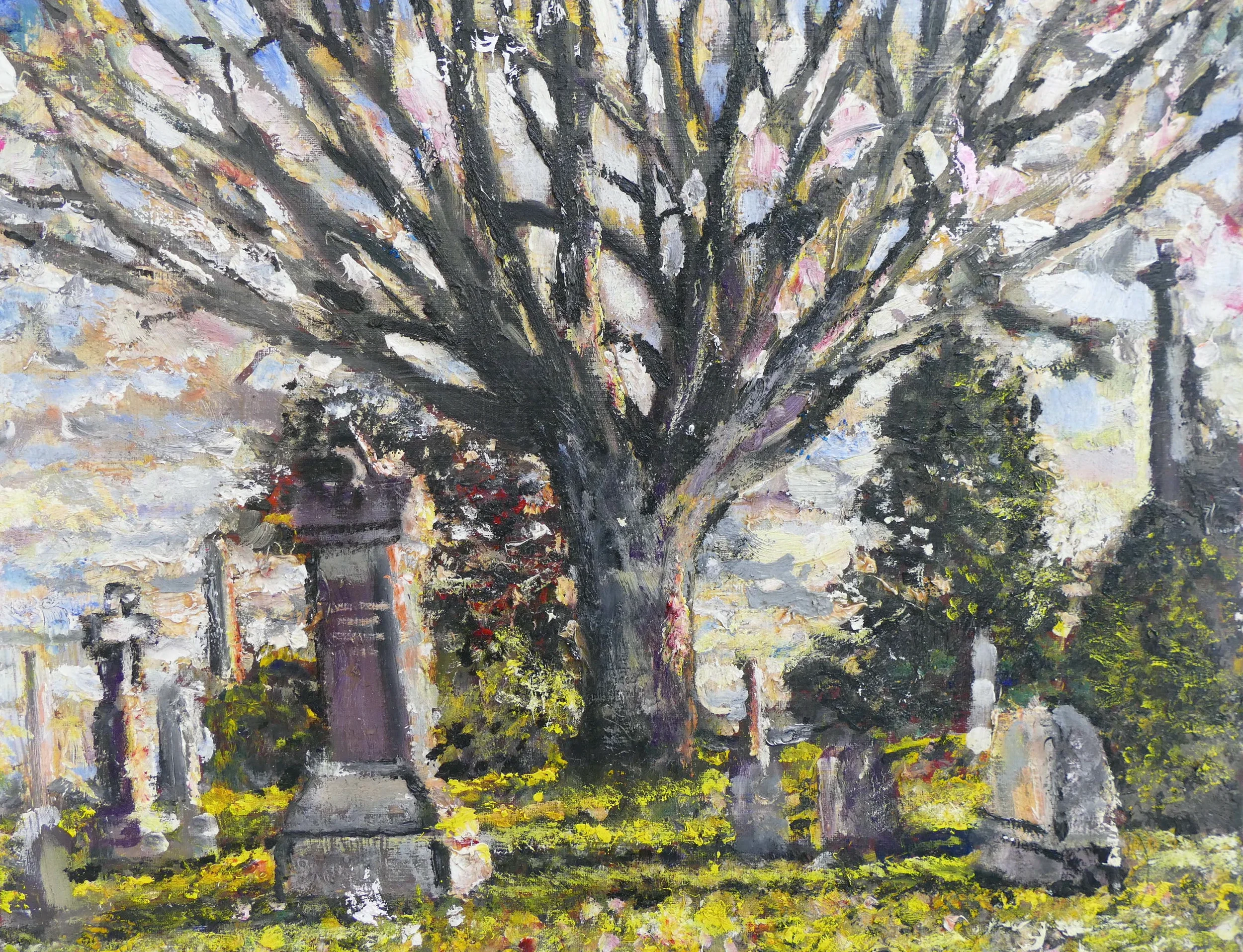 An impressionistic painting of a tree with a thick trunk and numerous branches extending upward. The background features a light sky with hints of white, pink, and blue, and the ground is painted with shades of yellow, green, and brown. The painting 