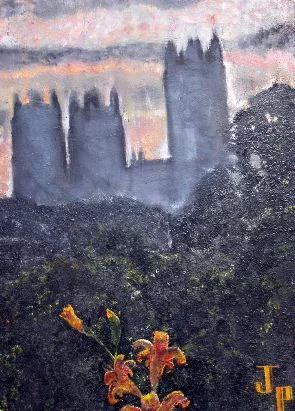 Painting of a castle or fortress in the background with dark trees and orange flowers in the foreground.