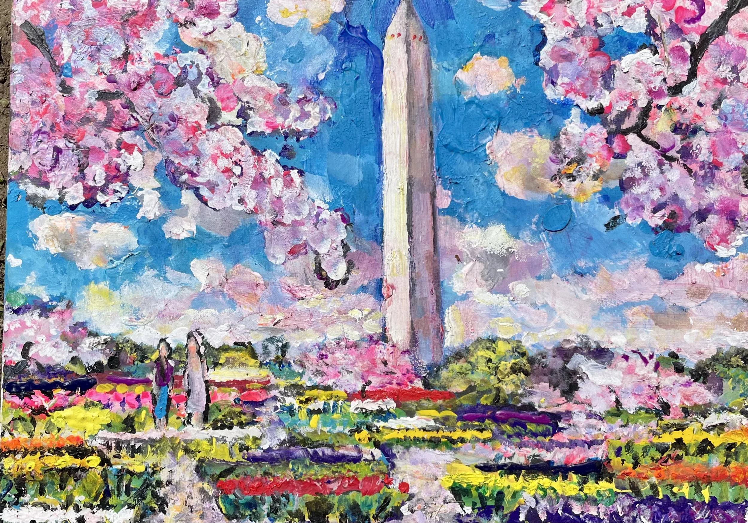 An impressionist painting of a cherry blossom tree with pink flowers, a blue sky, and a colorful ground scene.