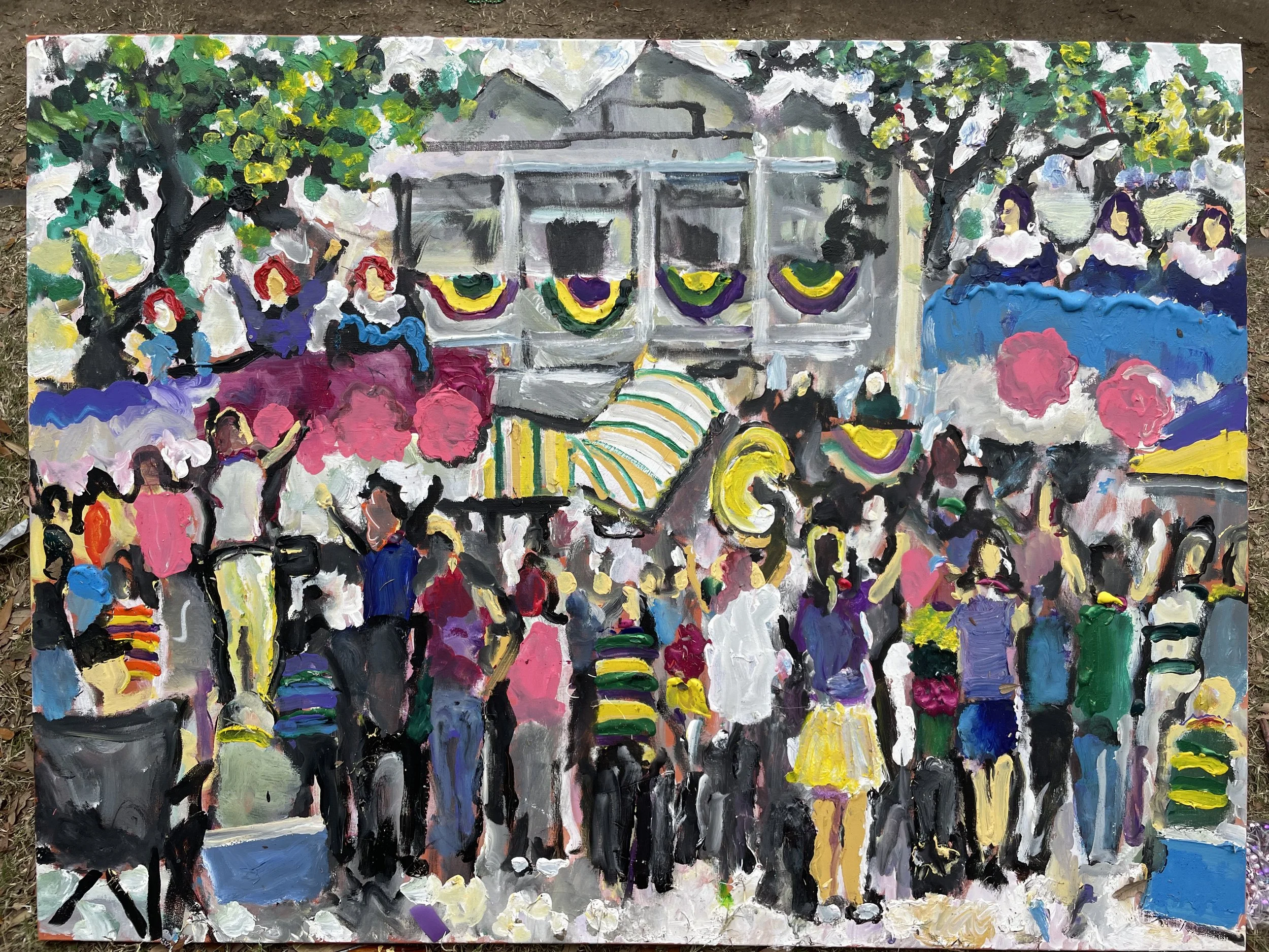 Painted scene of a crowd of people walking on a street with trees and colorful decorations. There is a large house in the background.